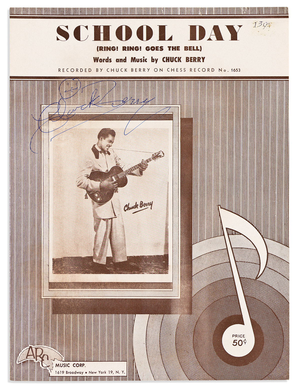 (ENTERTAINMENT--MUSIC.) Chuck Berry. Signed sheet music for "School Day (Ring! Ring! Goes the Bell)."